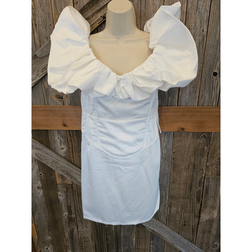 NWT Pretty little thing Ruched bardot bodycon dress sz 16 US white puff sleeve